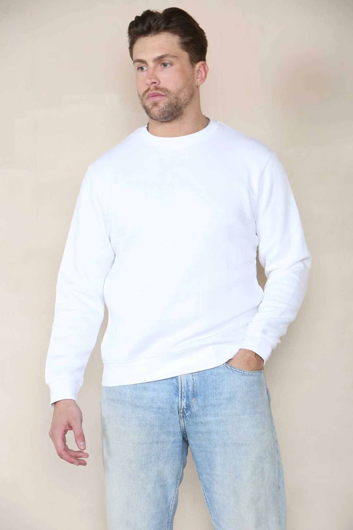 Basic Crew Neck Sweatshirt- White For Men Cicay