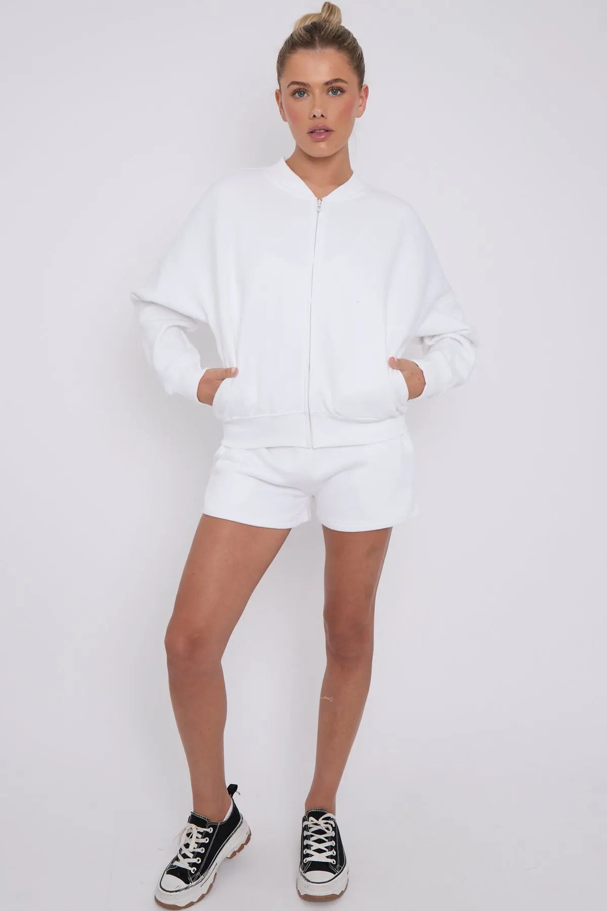 Bomber Neck Zip Through Top and Shorts Loungewear Set CICAY