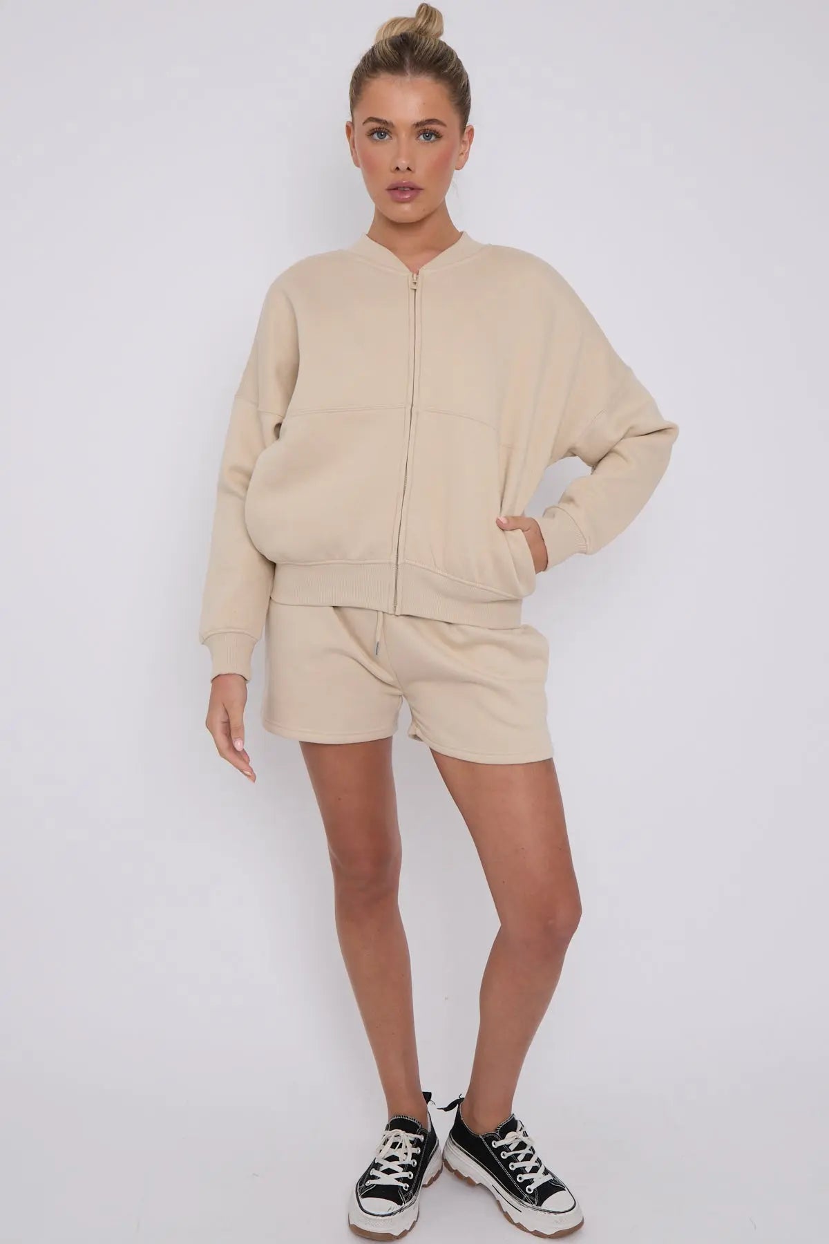 Bomber Neck Zip Through Top and Shorts Loungewear Set CICAY