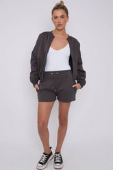 Bomber Neck Zip Through Top and Shorts Loungewear Set CICAY