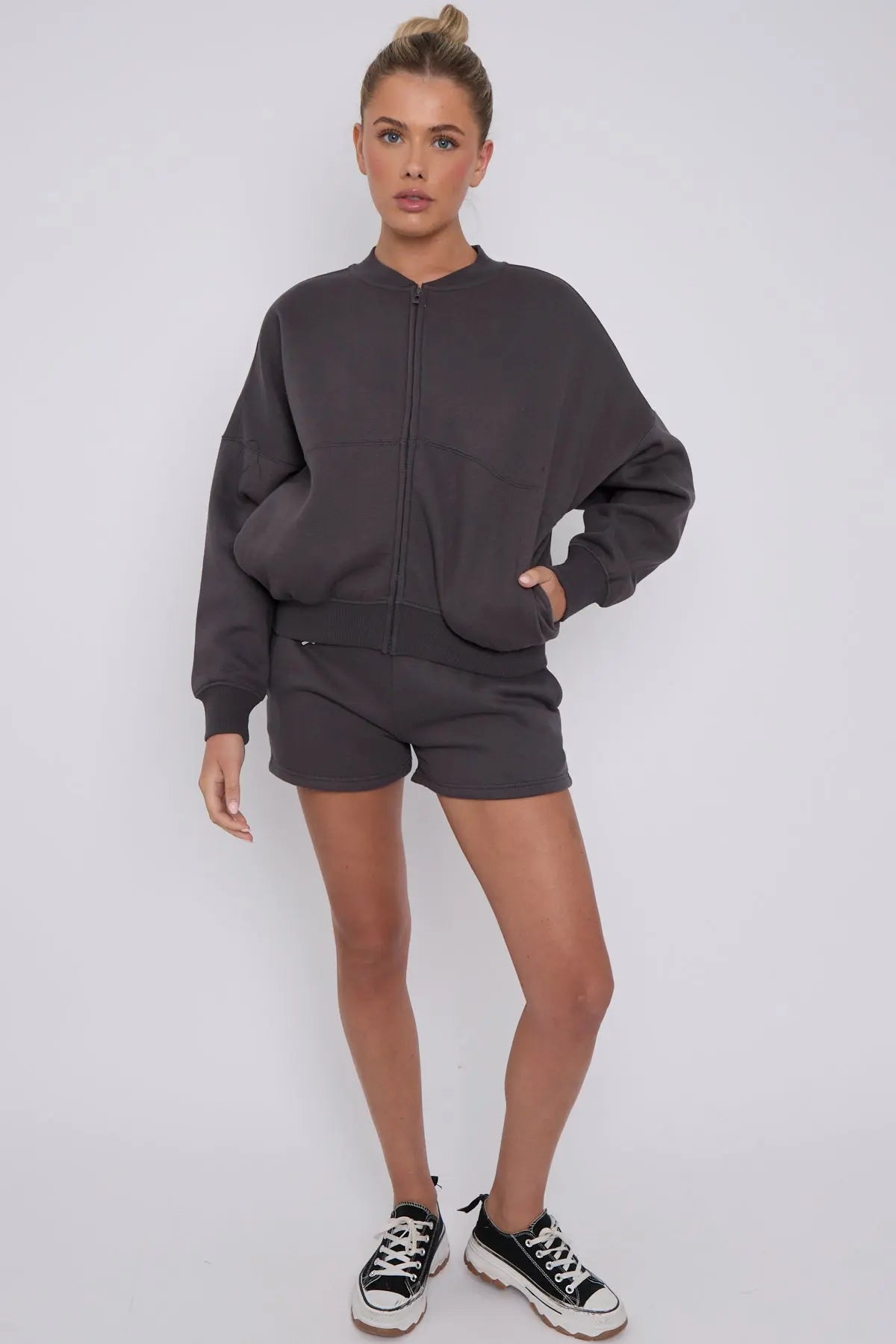 Bomber Neck Zip Through Top and Shorts Loungewear Set CICAY