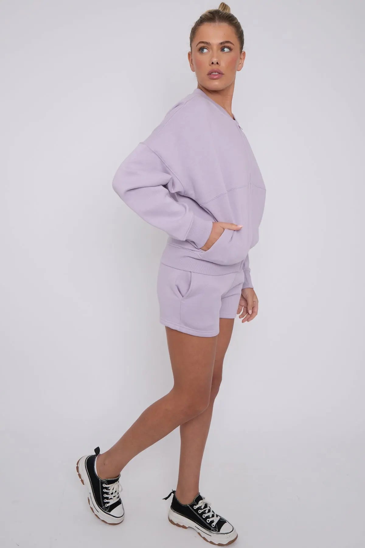 Bomber Neck Zip Through Top and Shorts Loungewear Set Cicay