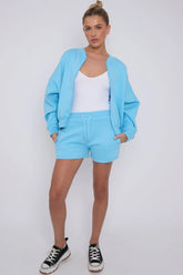 Bomber Neck Zip Through Top and Shorts Loungewear Set Cicay