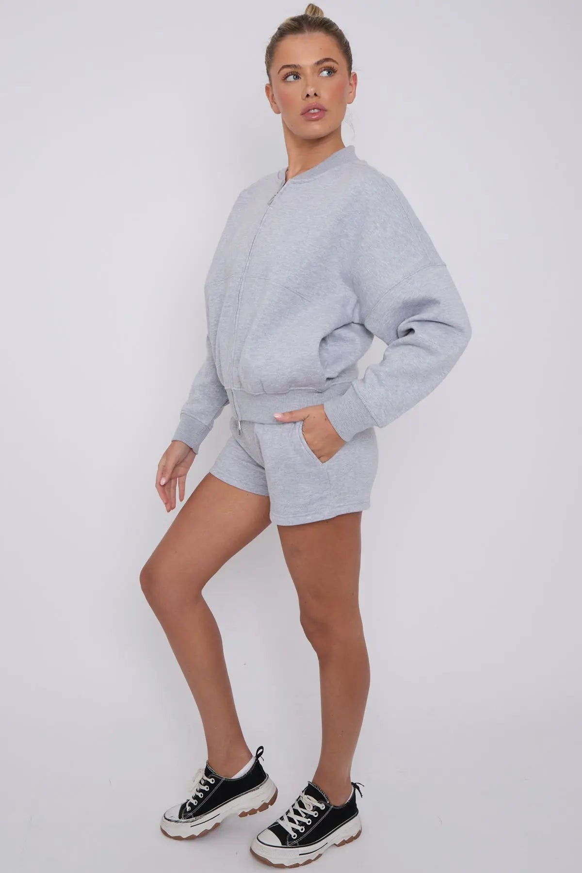 Bomber Neck Zip Through Top and Shorts Loungewear Set Grey Cicay