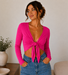 Women's Tie Knot Shrug Crop Top in Cerise