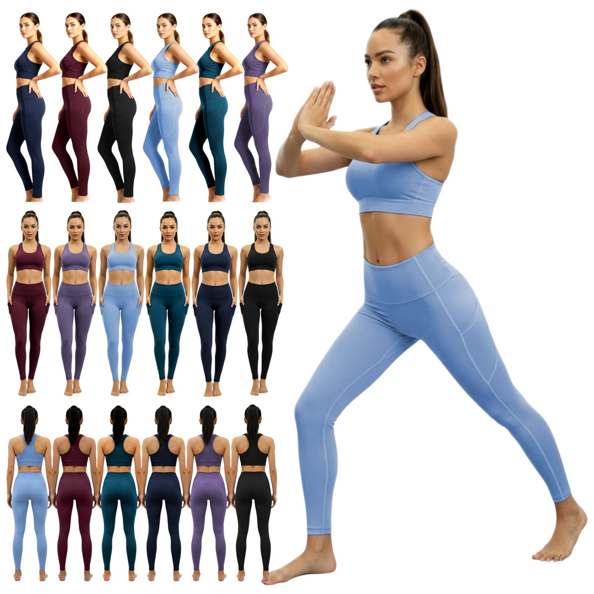 Woman in blue athletic outfit with multiple color options displayed below.