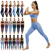Woman in blue athletic outfit with multiple color options displayed below.