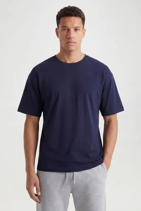 Relaxed Fit Crew Neck Cotton T-Shirt - Navy
