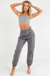 Women's Cuffed Hem Twill Combat Stretch French Seam Pocketed Cotton Cargo Low Waist Trousers