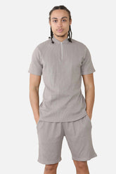 Man Slim Fit Waffle Bomber Neck Polo & Short Set