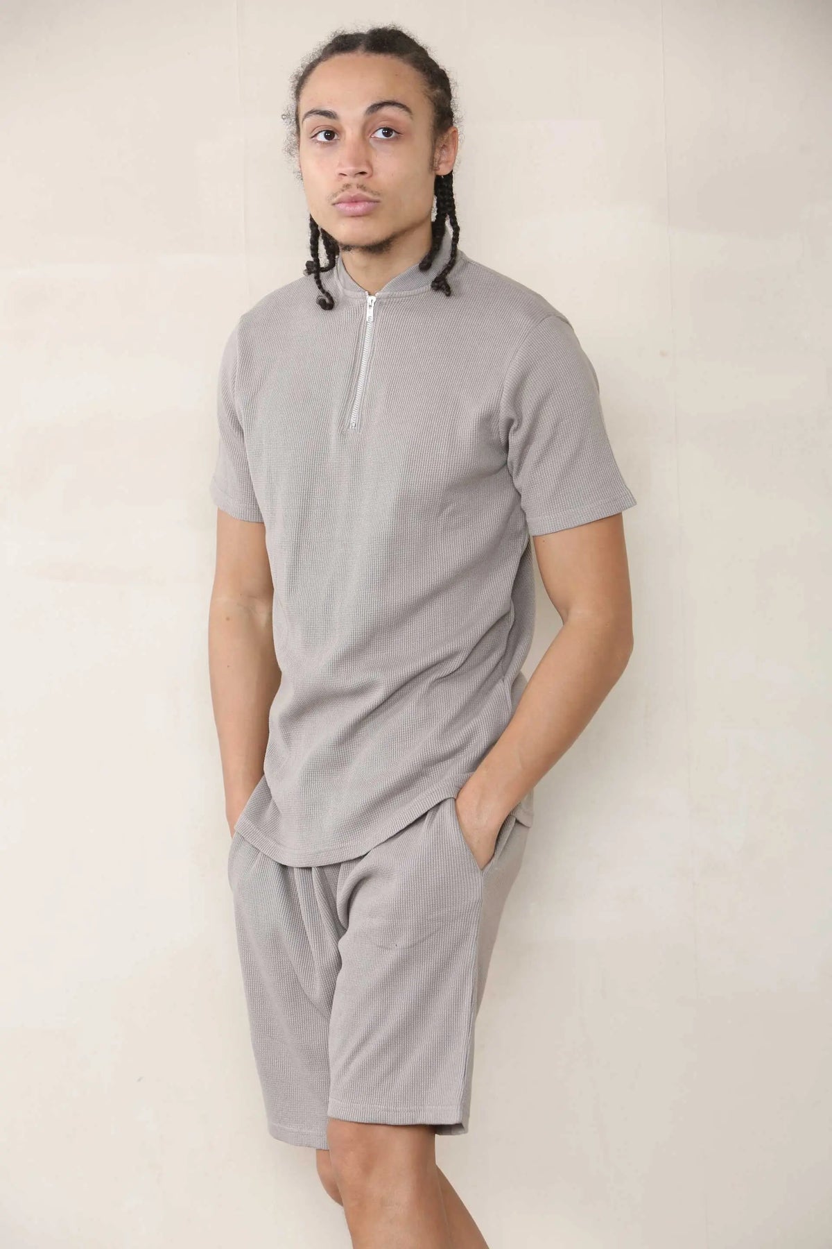 Slim Fit Waffle Bomber Neck Polo & Short Set - TAUPE Cicay