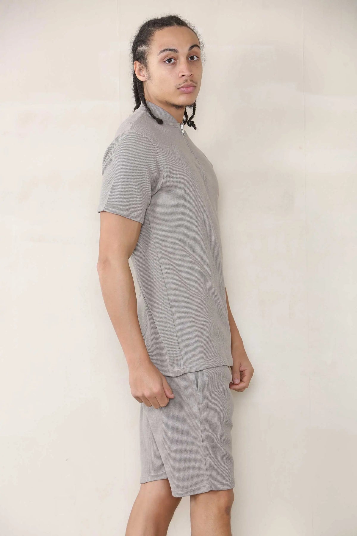 Slim Fit Waffle Bomber Neck Polo & Short Set - TAUPE Cicay