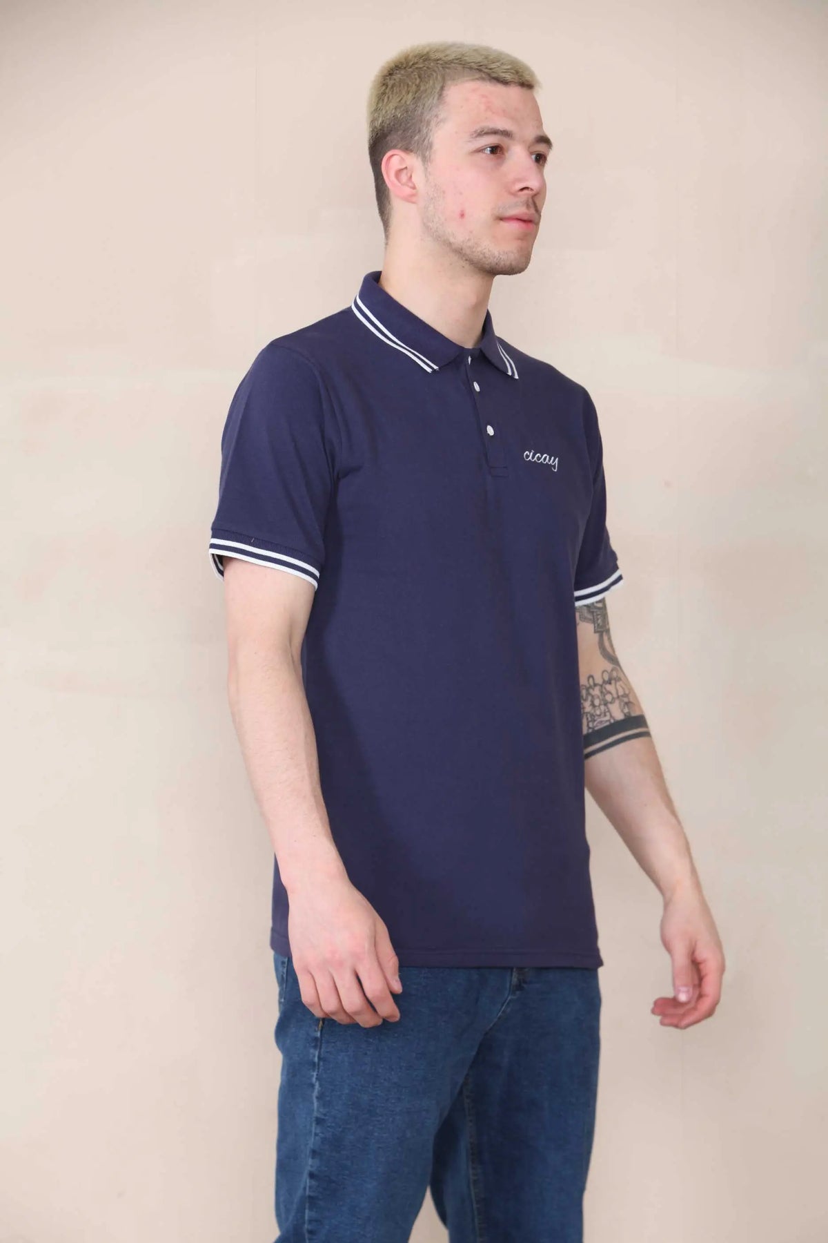 Slim Tipped Pique Polo - Mid Navy Cicay