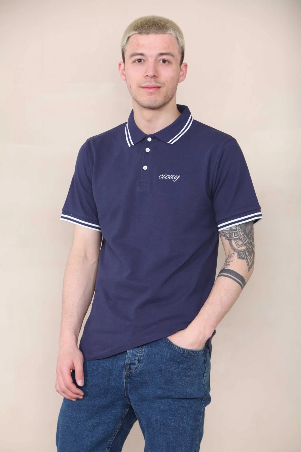 Slim Tipped Pique Polo - Mid Navy Cicay