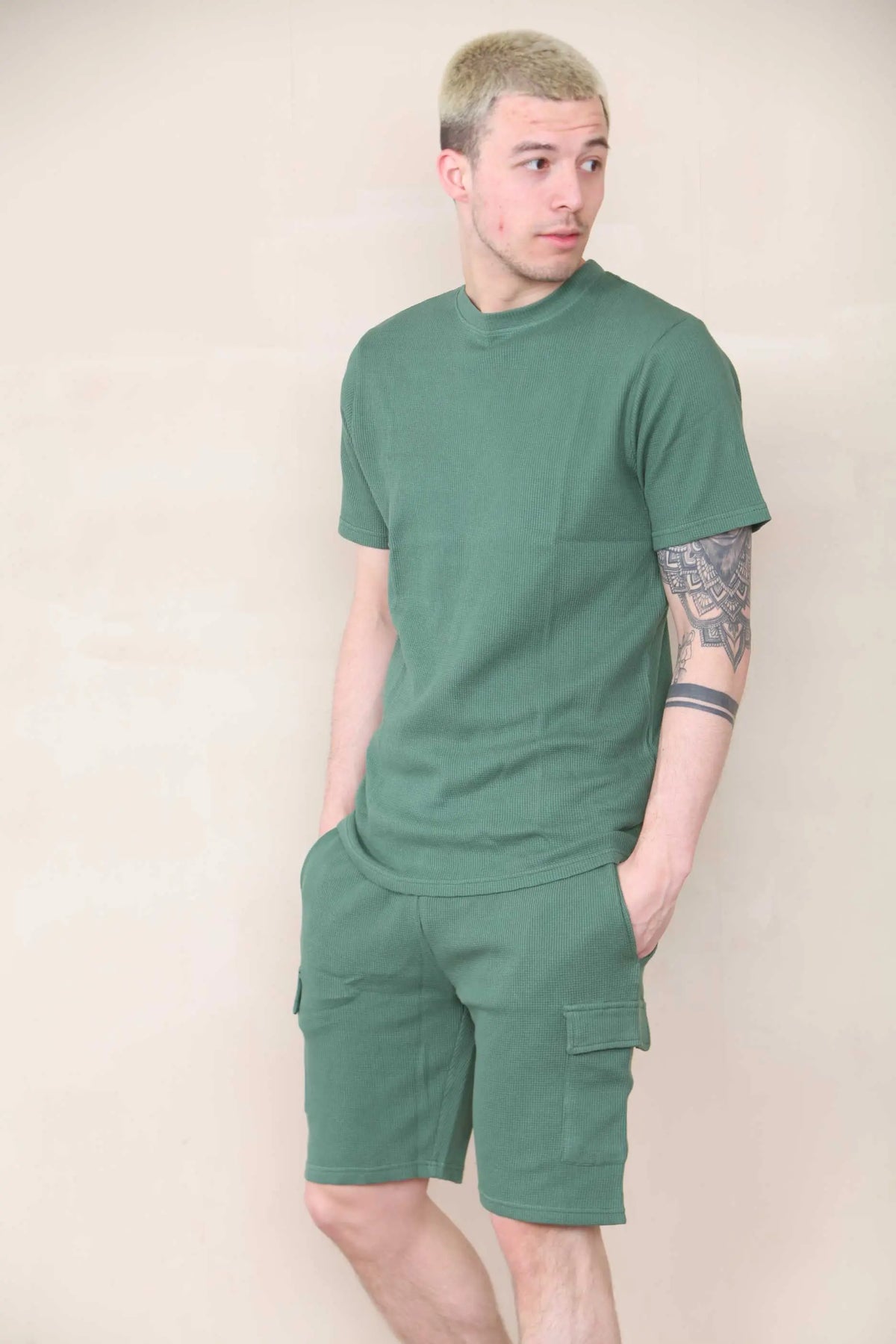 Slim Waffle T-shirt & Cargo Short Set - Forest Cicay