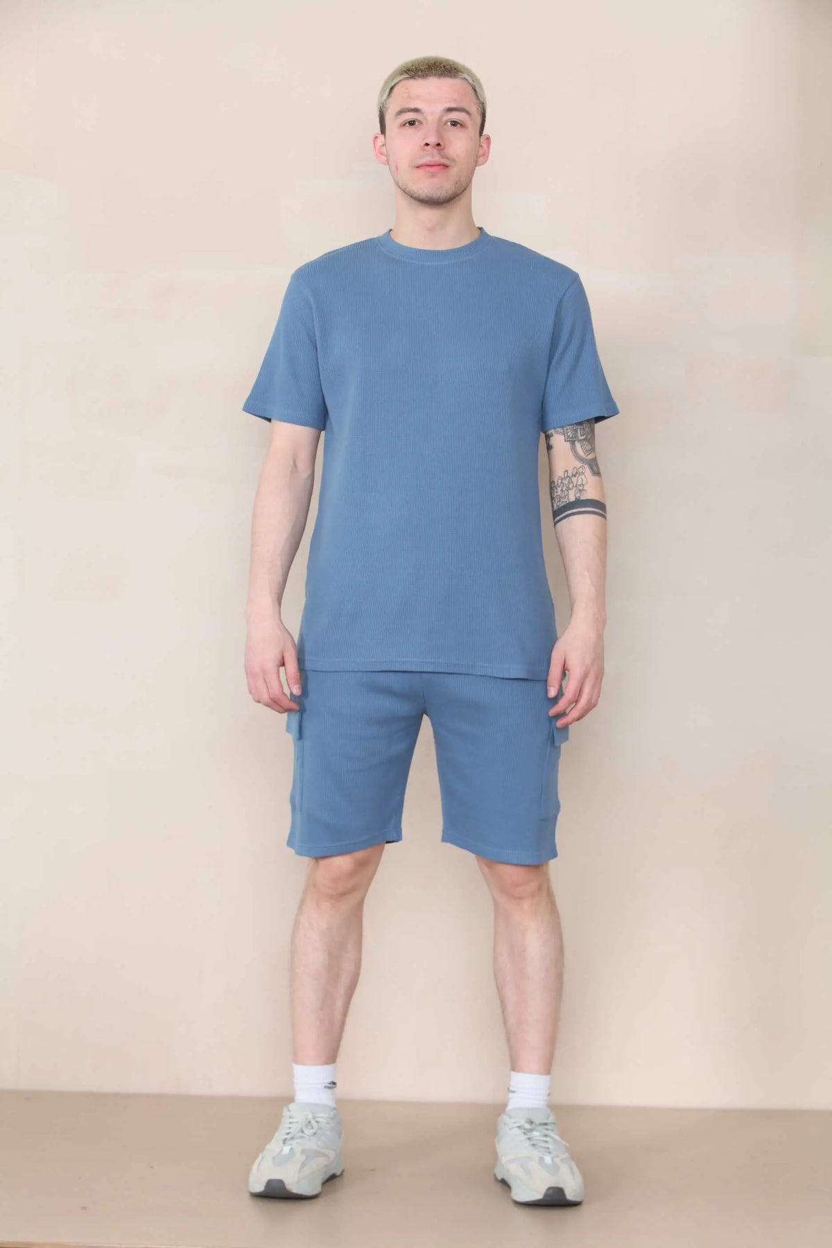 Slim Waffle T-shirt & Cargo Short Set - Slate Blue Cicay