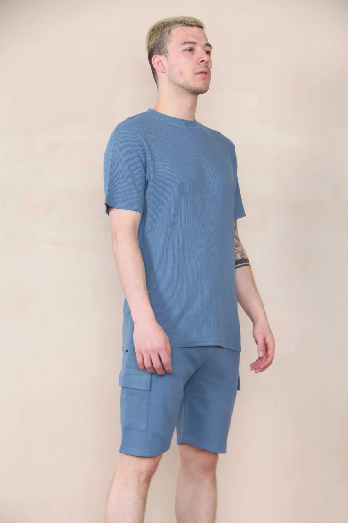 Slim Waffle T-shirt & Cargo Short Set - Slate Blue Cicay