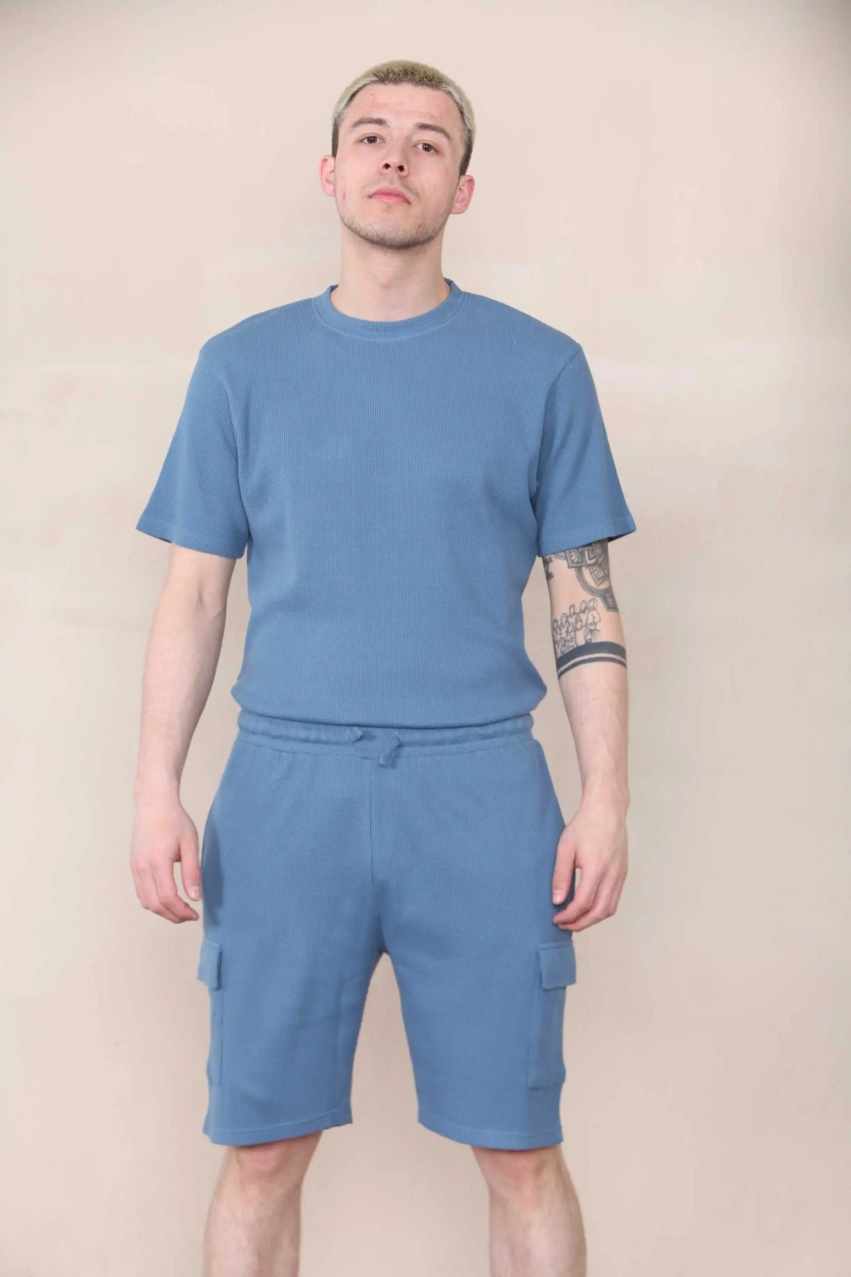 Slim Waffle T-shirt & Cargo Short Set - Slate Blue Cicay