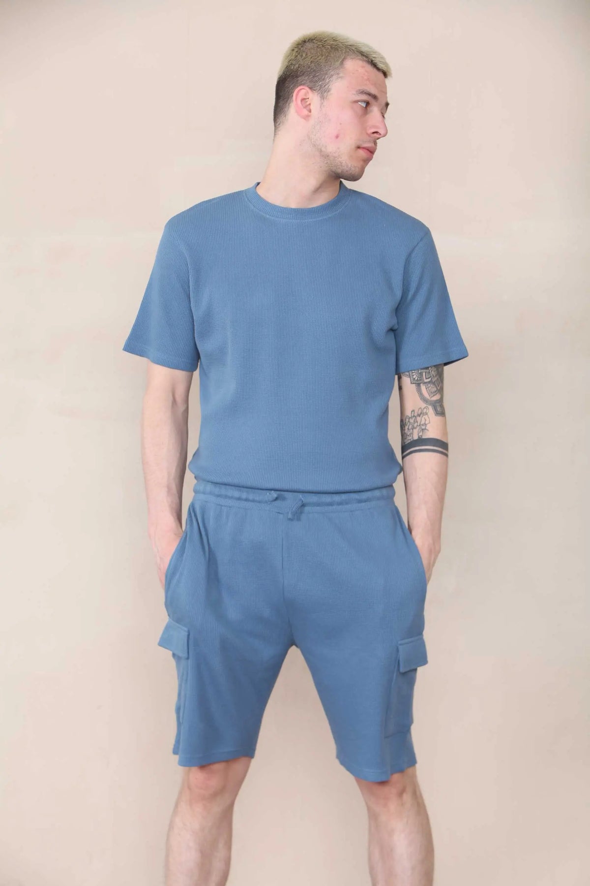 Slim Waffle T-shirt & Cargo Short Set - Slate Blue Cicay