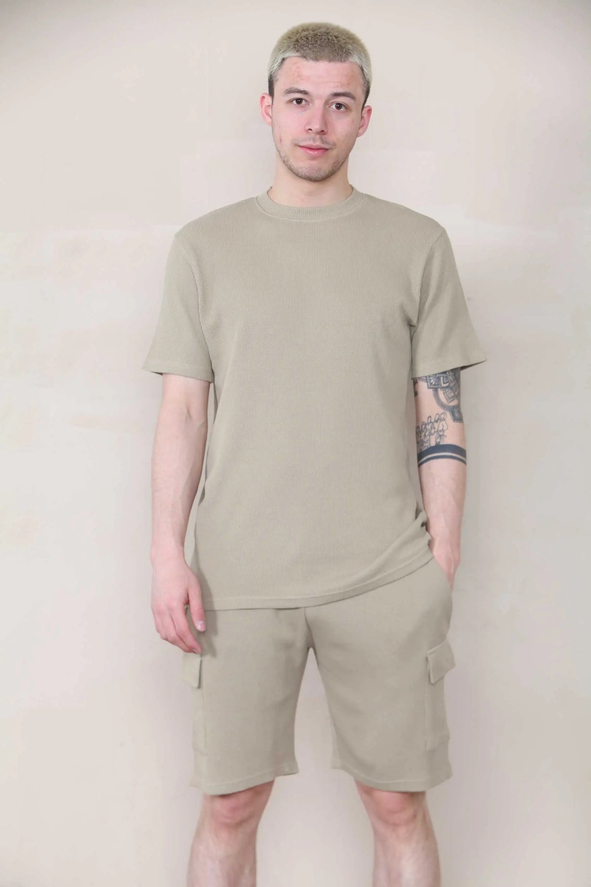 Slim Waffle T-shirt & Cargo Short Set - Taupe Cicay
