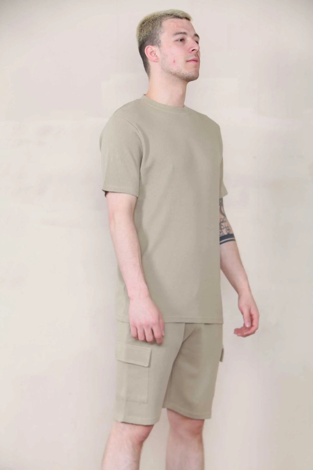 Slim Waffle T-shirt & Cargo Short Set - Taupe Cicay