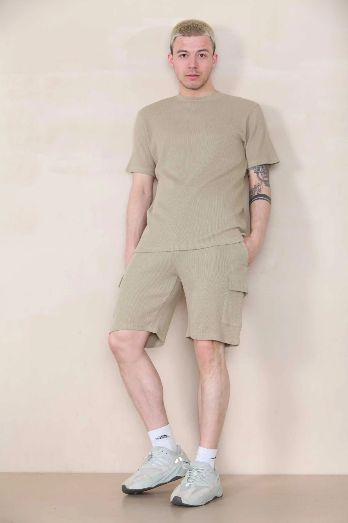 Slim Waffle T-shirt & Cargo Short Set - Taupe Cicay