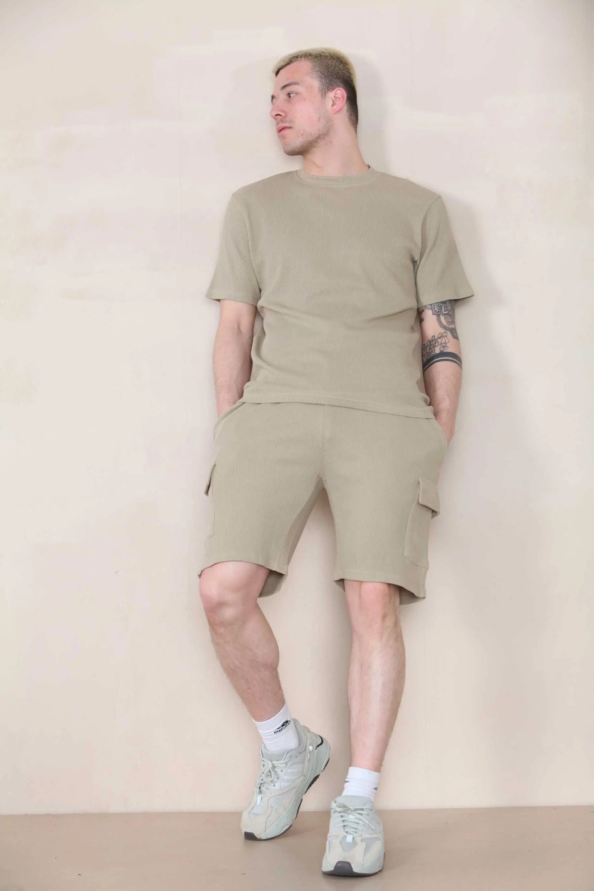 Slim Waffle T-shirt & Cargo Short Set - Taupe Cicay