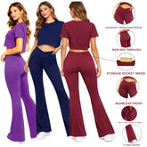 Three women modeling high-waist flare leggings and crop top sets in purple, navy blue, and burgundy colors. The image highlights product features including crossover waistband, non-see-through fabric, hidden storage pocket, seamless front design, 4-way stretch material, and flared leg style.