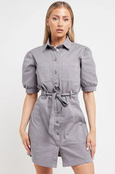 Balloon Sleeves Casual Pocketed Button Down Panelled Twill Dress-0
