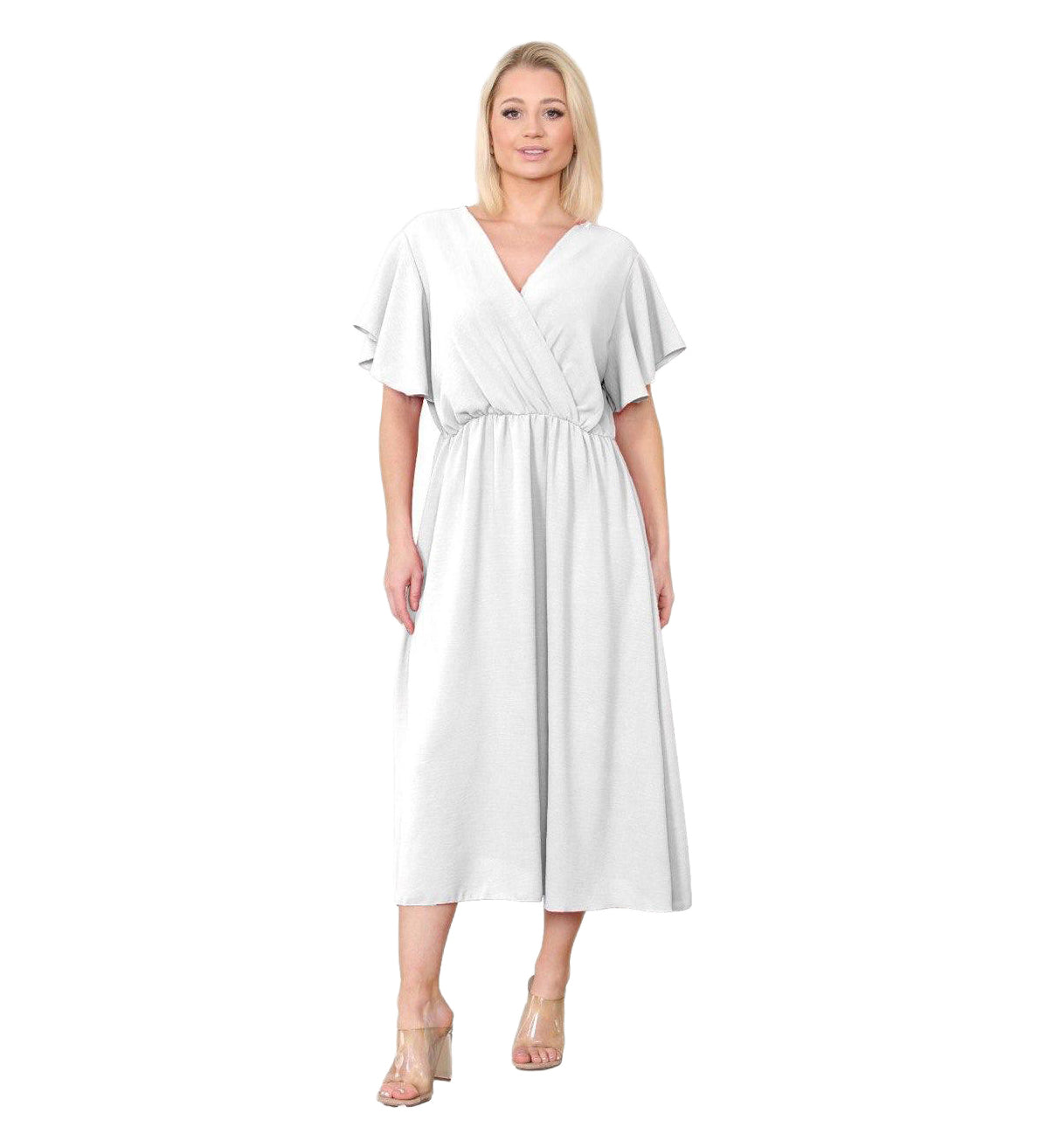 Woman wearing a white dress on a white background