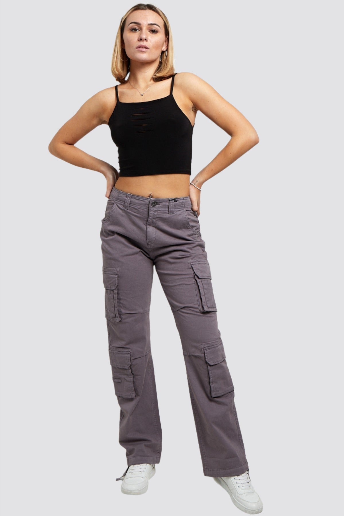 Women's Multi Pocket Twill Combat Stretch Straight Leg Low Waist Cargo Trousers