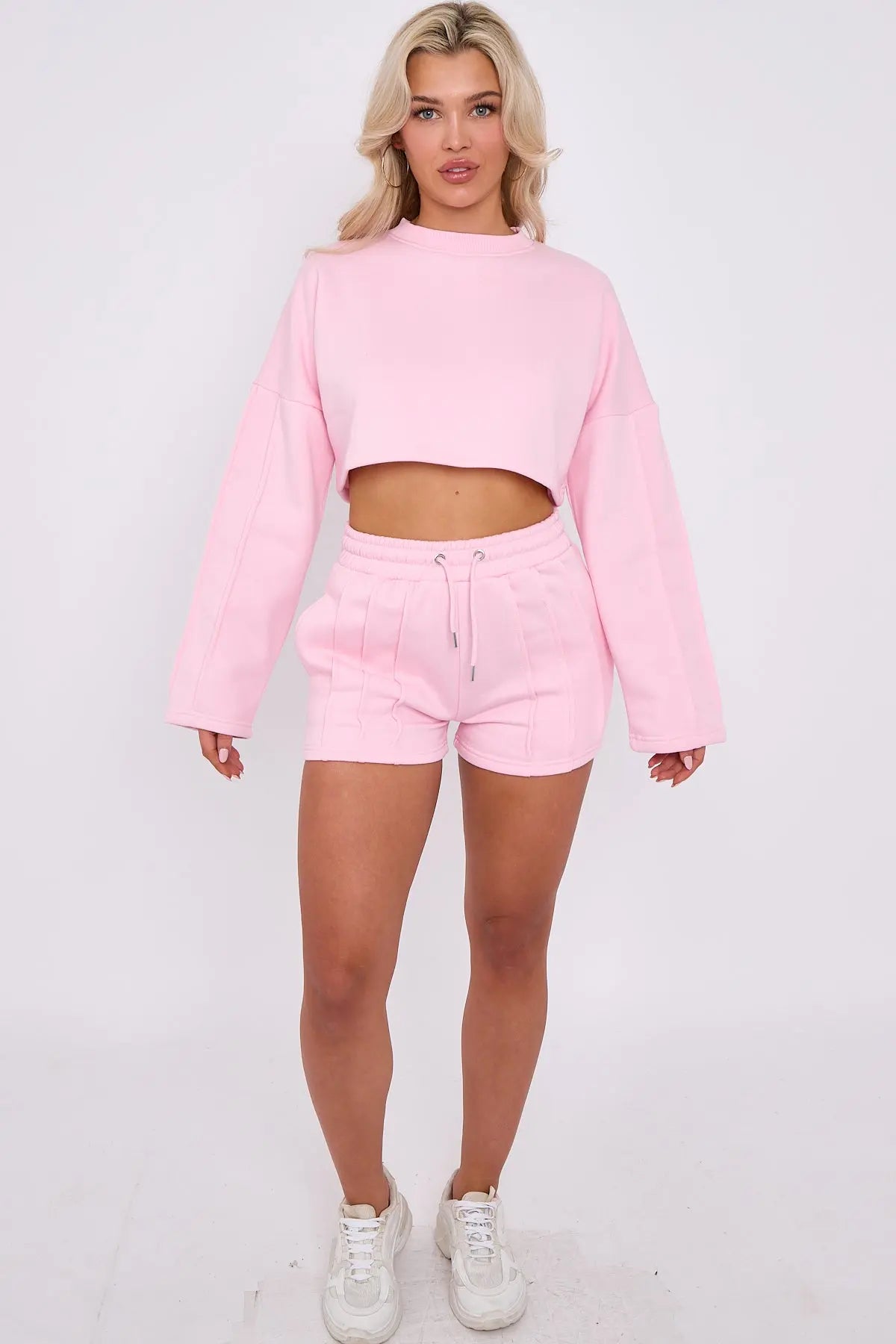 3 Seam Detail Round Neck Crop Top and Short Tracksuit Set CICAY