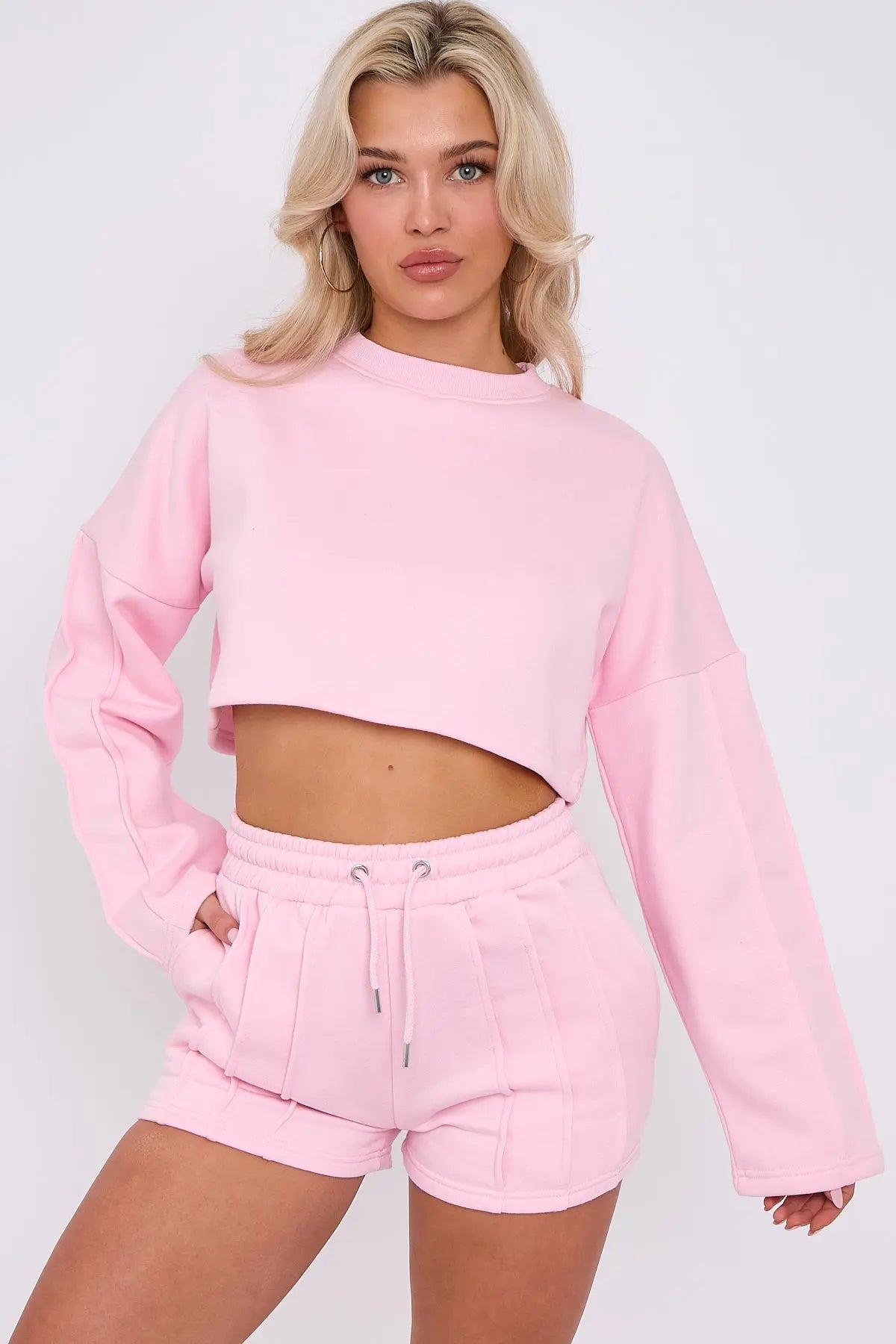 3 Seam Detail Round Neck Crop Top and Short Tracksuit Set CICAY