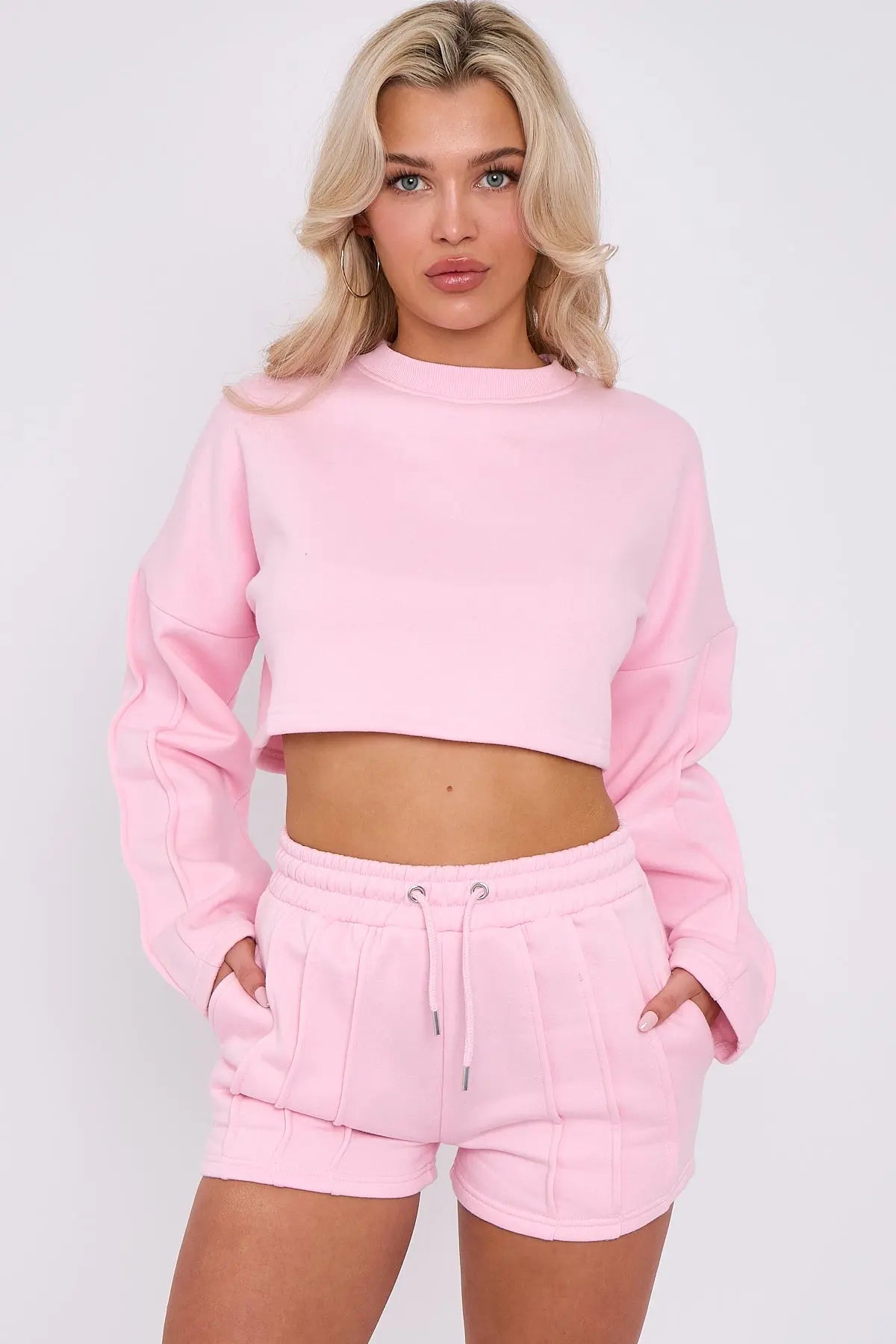 3 Seam Detail Round Neck Crop Top and Short Tracksuit Set CICAY