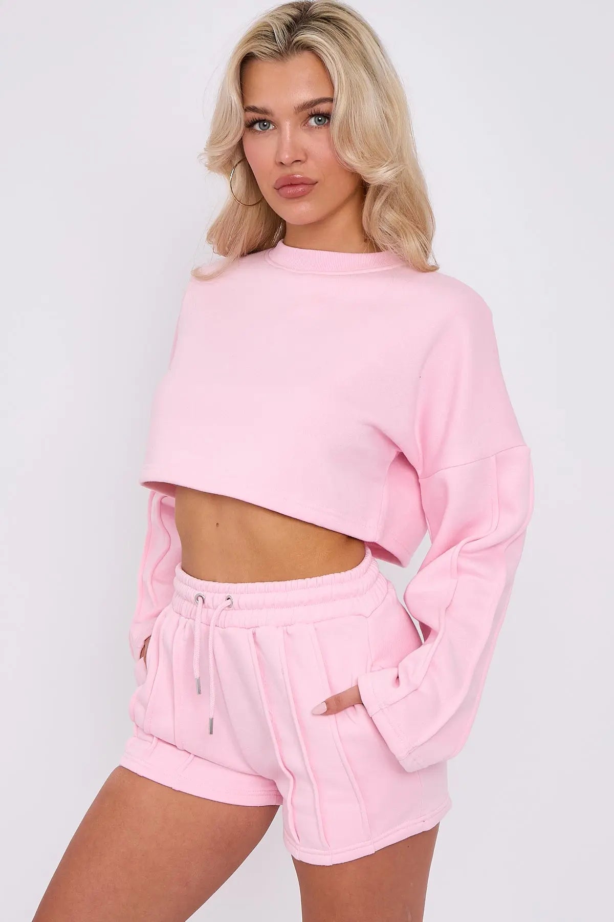 3 Seam Detail Round Neck Crop Top and Short Tracksuit Set CICAY