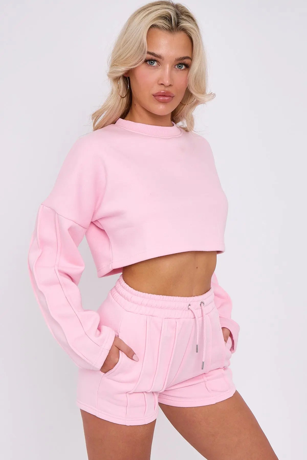 Seam Detail Round Neck Crop Top and Short Tracksuit Set Cicay