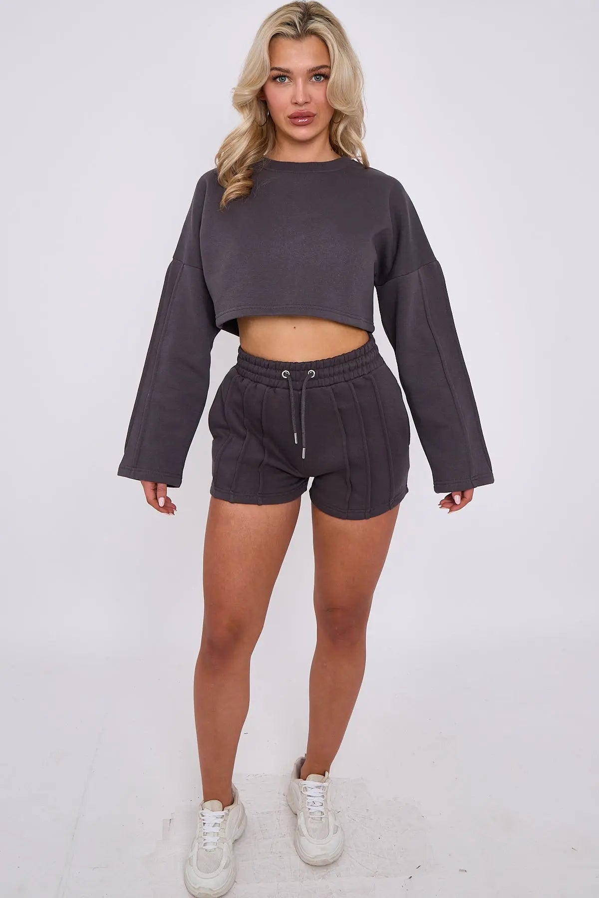 3 Seam Detail Round Neck Crop Top and Short Tracksuit Set-0