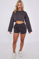 3 Seam Detail Round Neck Crop Top and Short Tracksuit Set CICAY