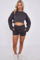 3 Seam Detail Round Neck Crop Top and Short Tracksuit Set CICAY