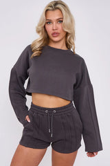 3 Seam Detail Round Neck Crop Top and Short Tracksuit Set CICAY