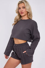 3 Seam Detail Round Neck Crop Top and Short Tracksuit Set CICAY