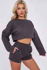 3 Seam Detail Round Neck Crop Top and Short Tracksuit Set CICAY