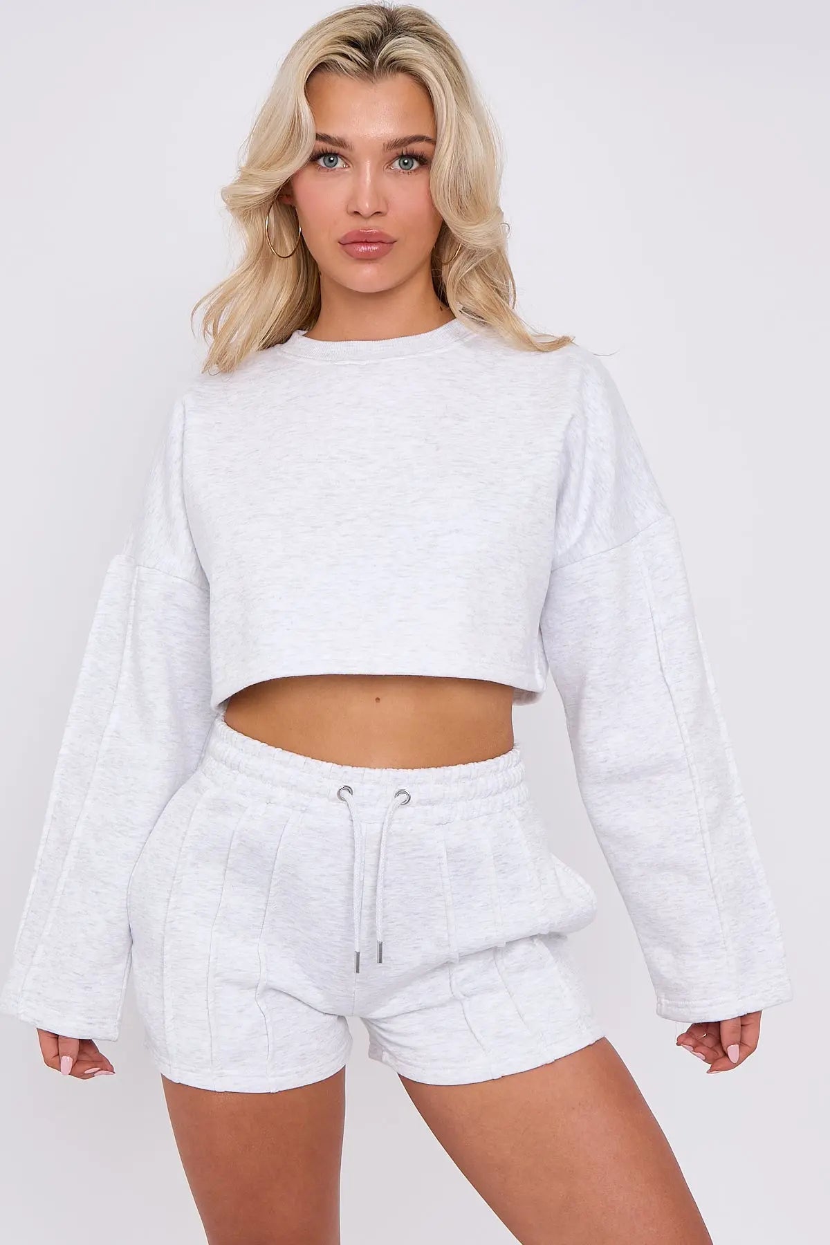 3 Seam Detail Round Neck Crop Top and Short Tracksuit Set CICAY