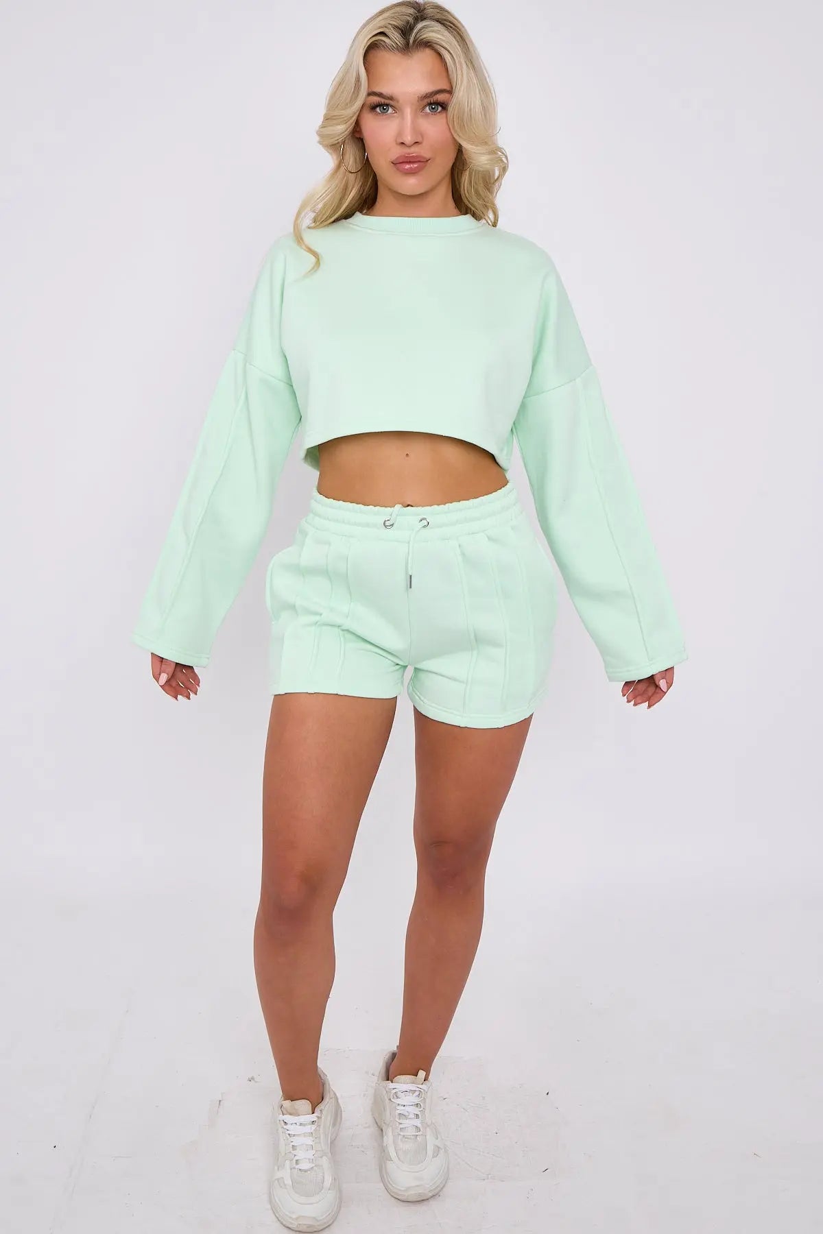 3 Seam Detail Round Neck Crop Top and Short Tracksuit Set CICAY