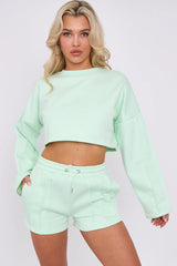 3 Seam Detail Round Neck Crop Top and Short Tracksuit Set