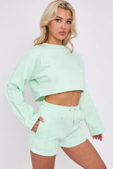 3 Seam Detail Round Neck Crop Top and Short Tracksuit Set CICAY