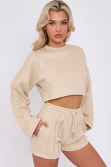 3 Seam Detail Round Neck Crop Top and Short Tracksuit Set CICAY