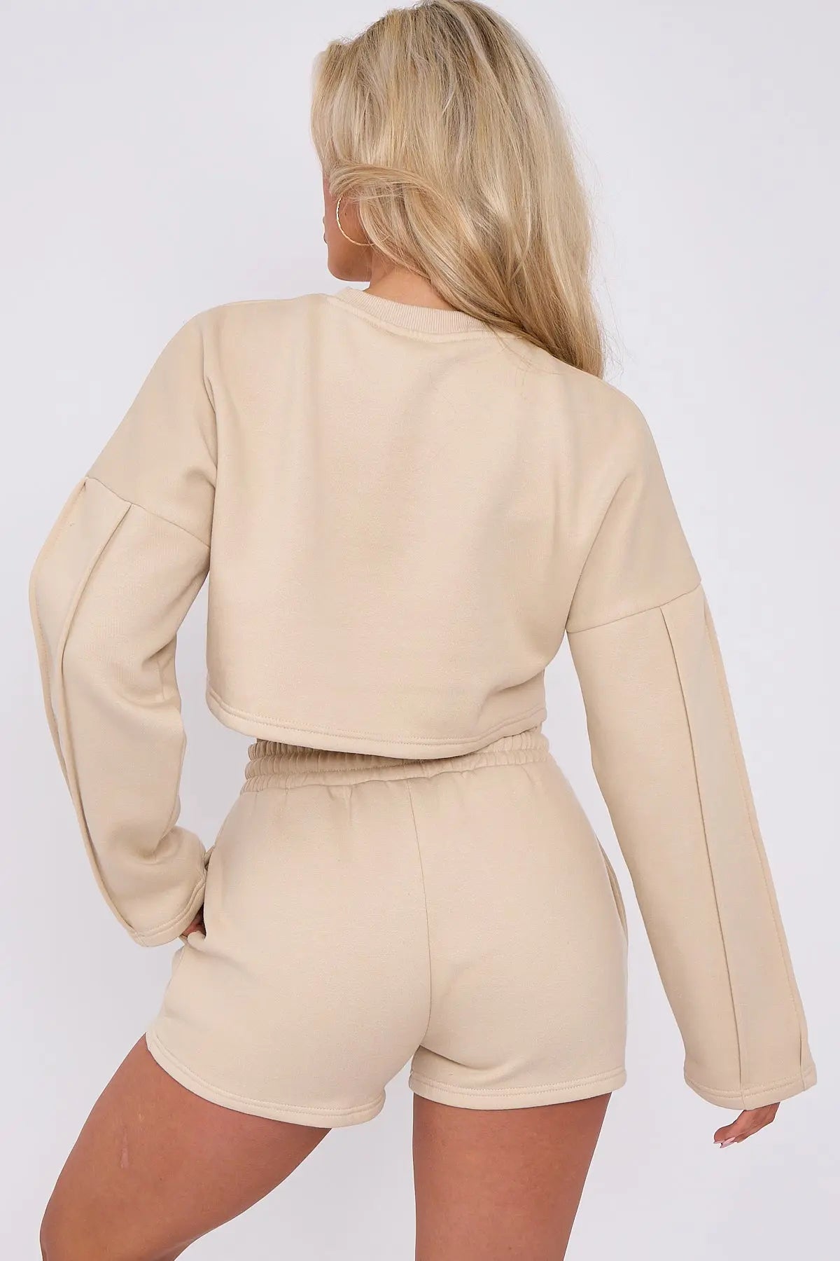 3 Seam Detail Round Neck Crop Top and Short Tracksuit Set CICAY