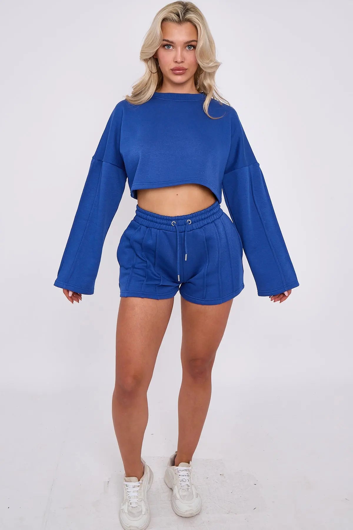 3 Seam Detail Round Neck Crop Top and Short Tracksuit Set CICAY