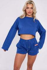 3 Seam Detail Round Neck Crop Top and Short Tracksuit Set CICAY